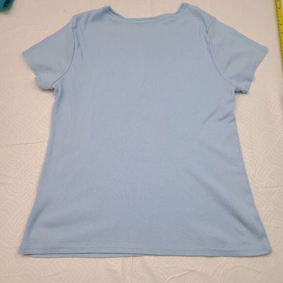 Basic Editions blue ribbed v-neck T Shirt with snowflake embroidery Size L - Picture 3 of 3